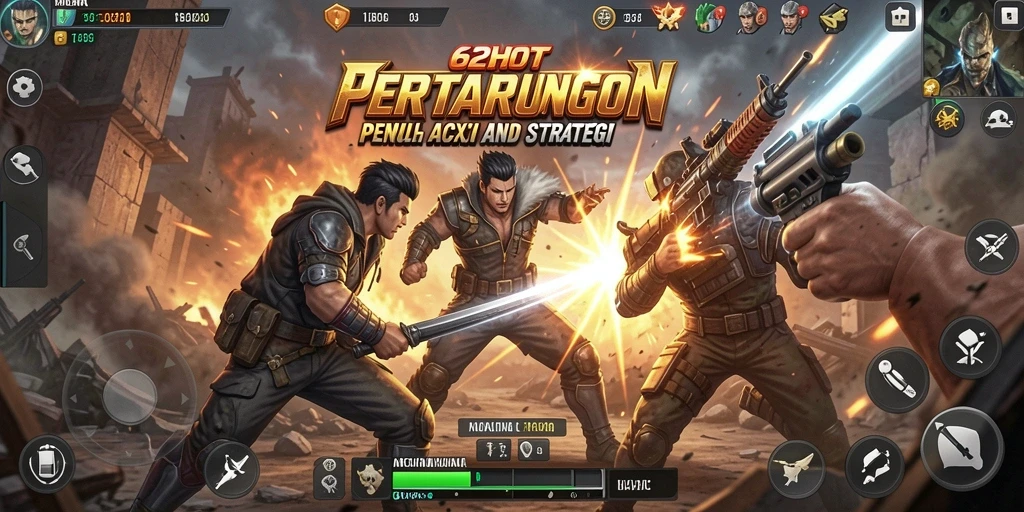 Tampilan gameplay 62HOT menunjukkan pertarungan yang mendebarkan dan karakter unik.