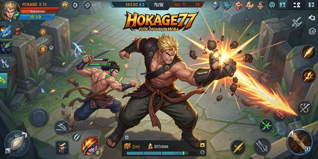 Tampilan aksi seru gameplay MOBA HOKAGE77 yang mendebarkan.
