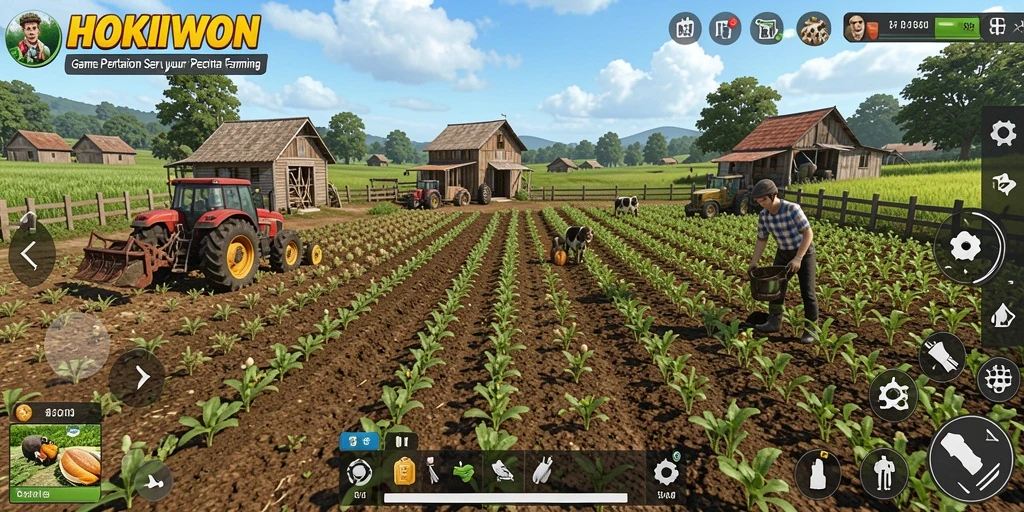 Tampilan gameplay HOKIWON dengan ladang yang subur dan hewan ternak.