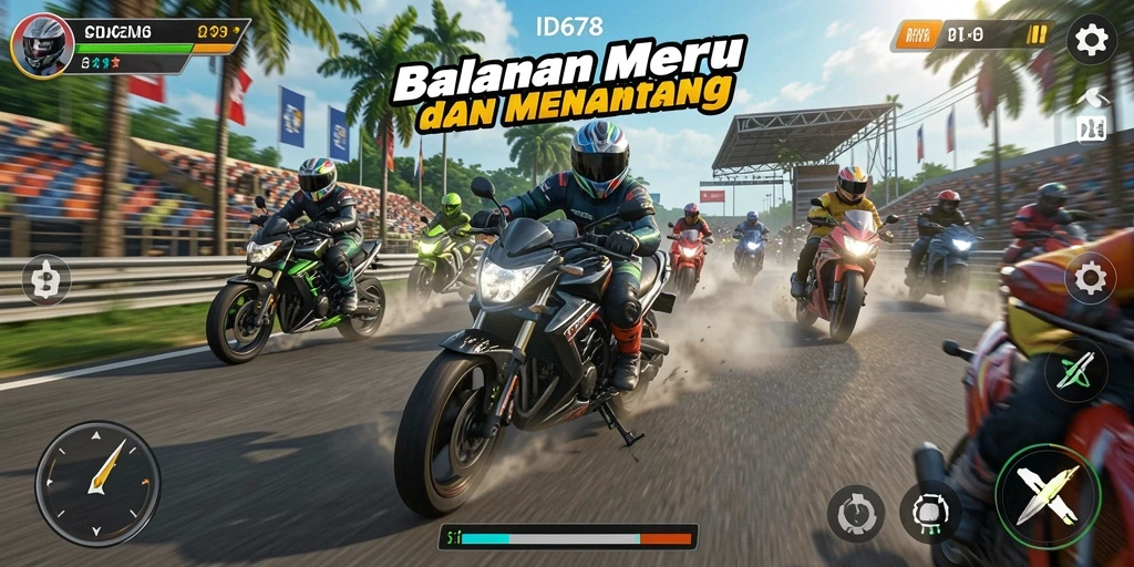 Gameplay seru ID678 dengan balapan motor yang mendebarkan.
