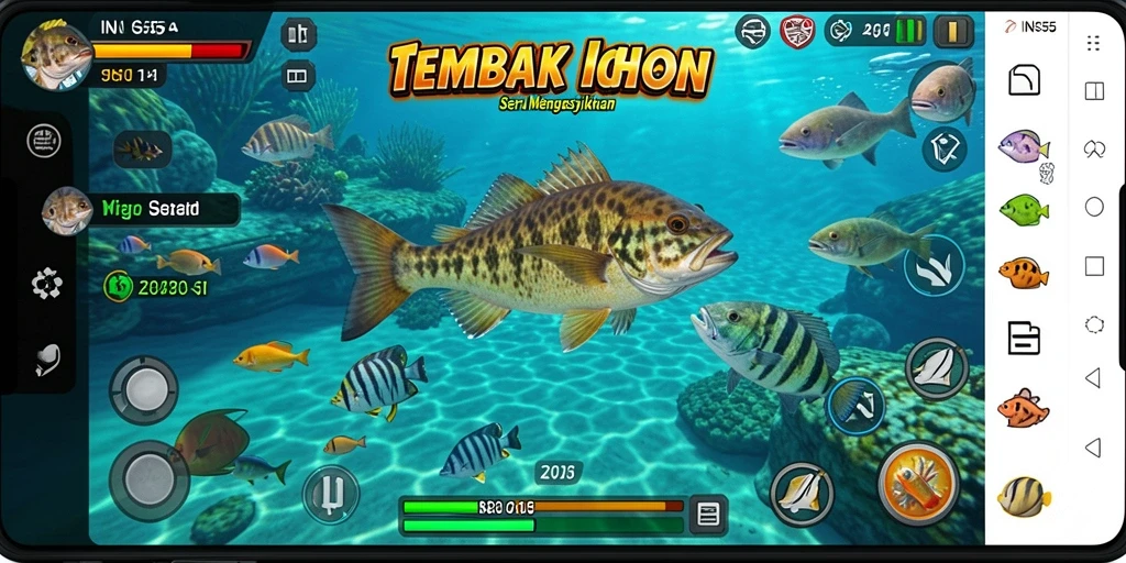 Tangkapan layar gameplay *INS55* dengan aksi menembak ikan yang seru.