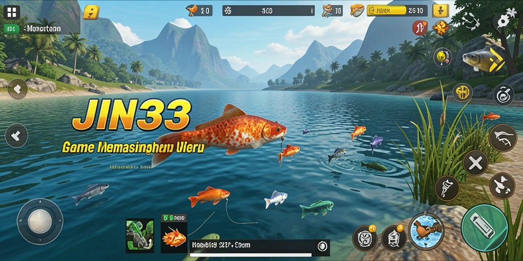 Screenshot gameplay JIN33 menampilkan pemain yang sedang memancing dengan latar belakang indah.