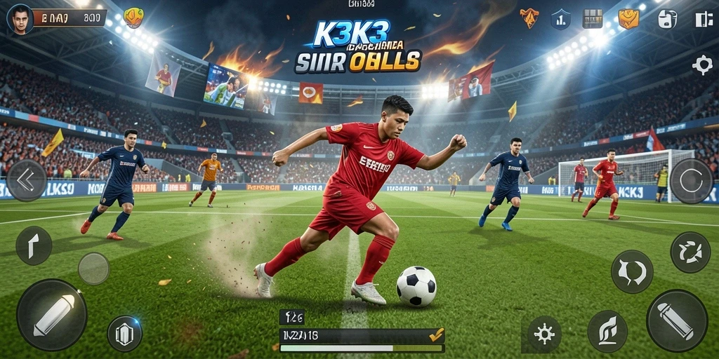 Tampilan gameplay K3K3 dengan aksi sepak bola yang intens.