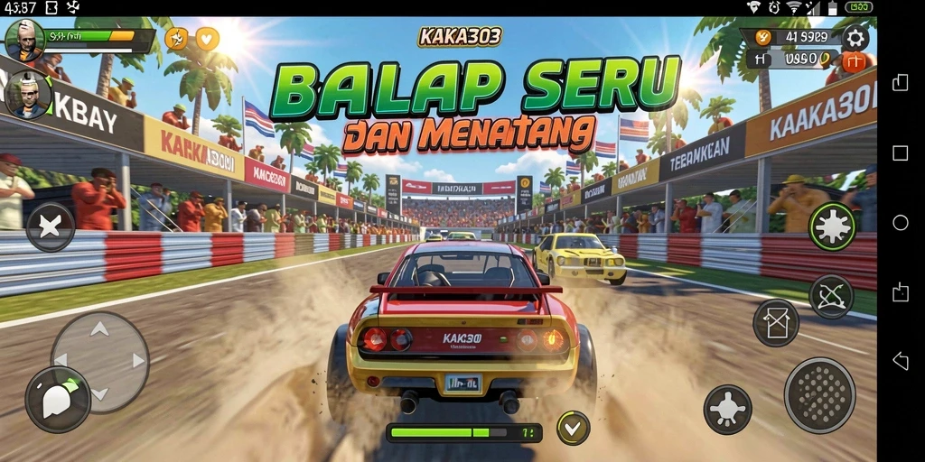 Tampilan gameplay KAKA303 dengan mobil balap di lintasan.