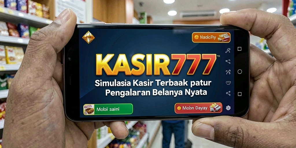 Screenshot gameplay KASIR777 menampilkan suasana toko yang ramai dengan kasir yang melayani pelanggan.