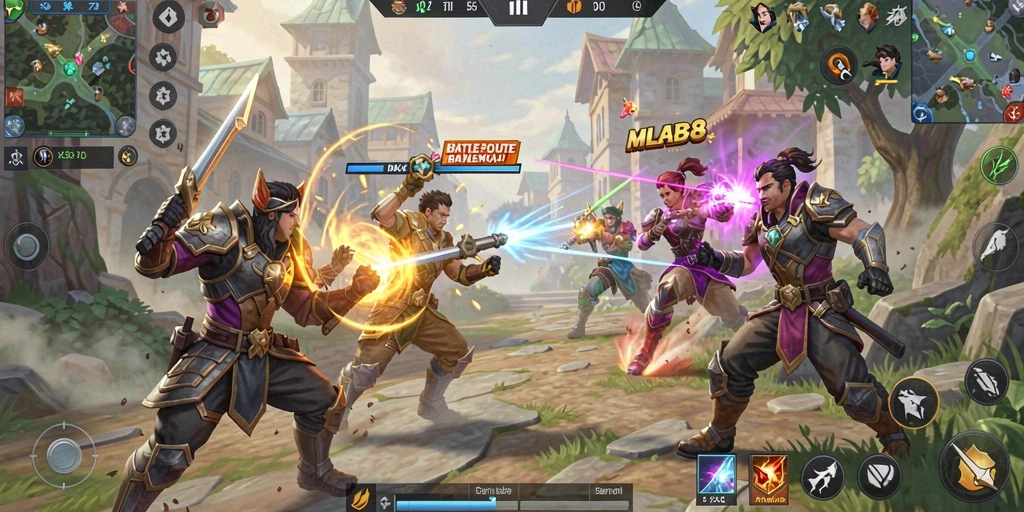 Screenshot utama MLBB8 menampilkan aksi intens dalam pertempuran Battle Royale.